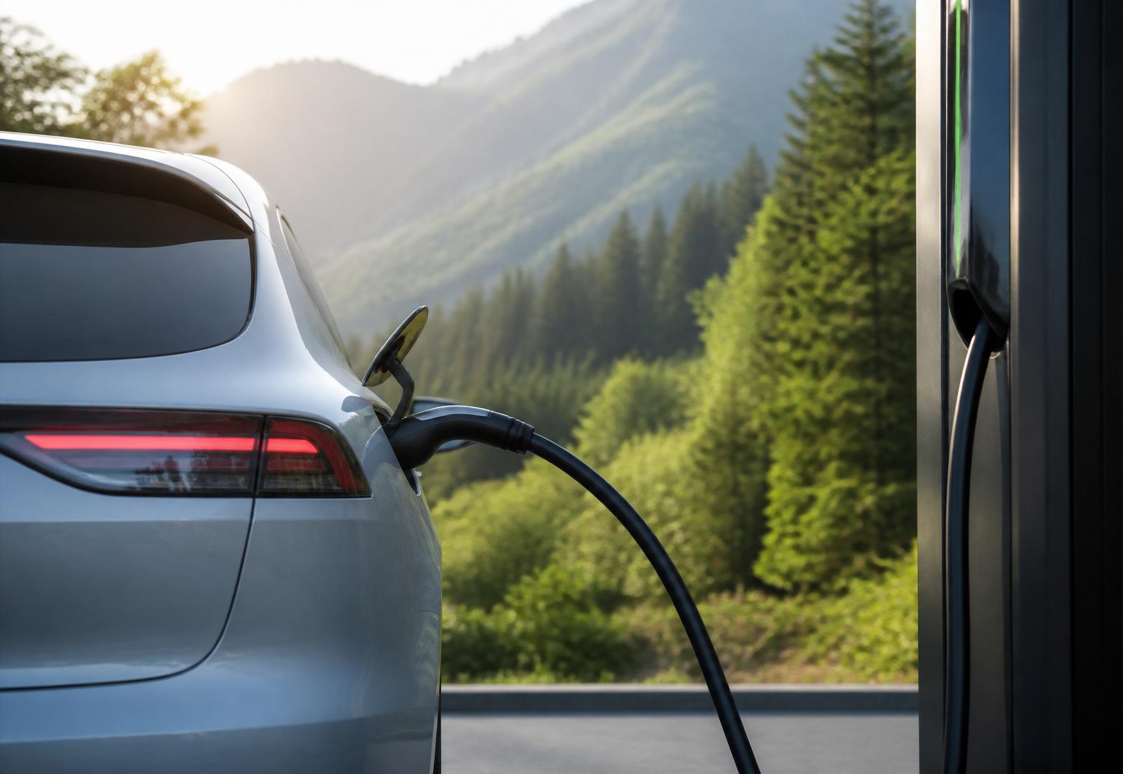 Modern electric SUV driving through a green mountain landscape